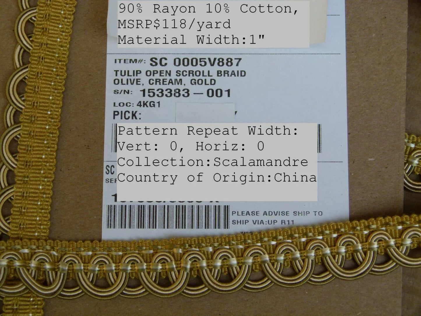 By yard Scalamandre Old World Weavers Tulip Open Scroll Braid Trim Olive Green Gold