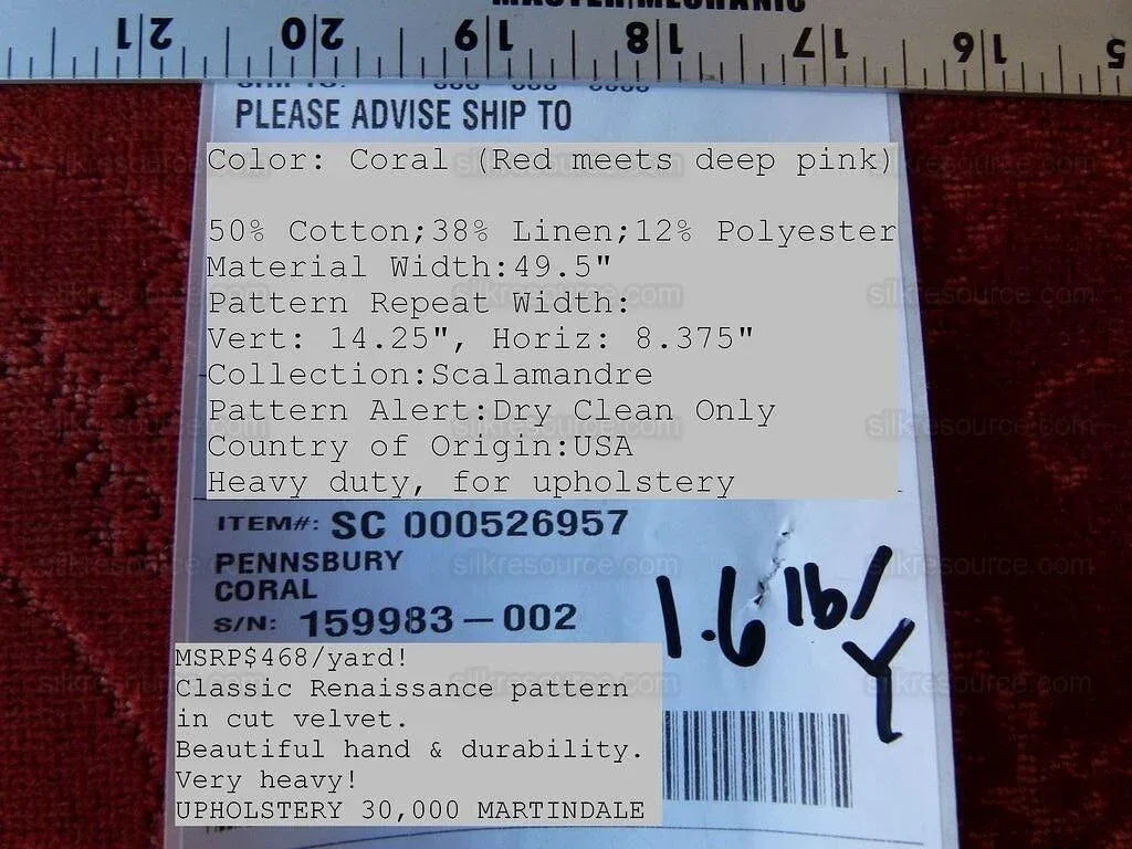 Scalamandre Pennsbury Cut Linen Velvet Renaissance Coral Red Deep Pink Beige MSRP USD 504/Y