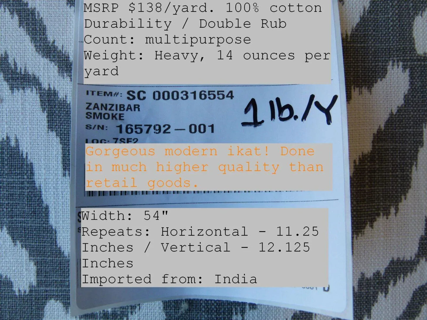 Scalamandre Zanzibar Ikat Smoke Grey White Cotton Print Mid-Century MSRP USD 254.80/Y