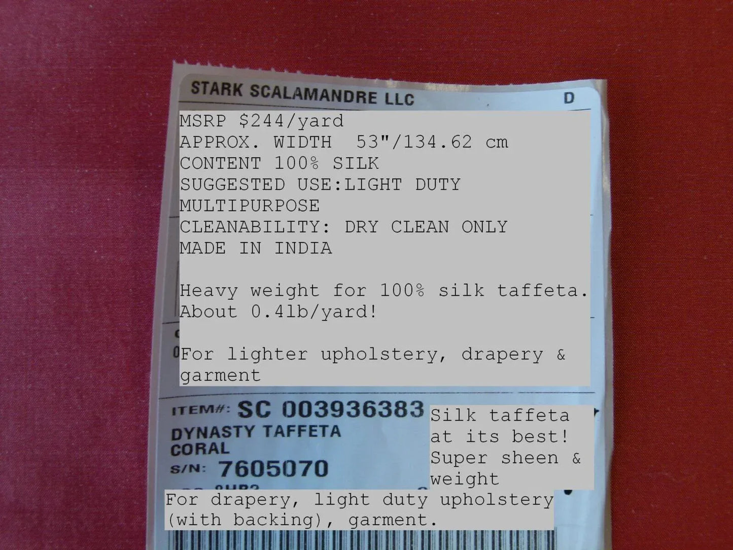 Scalamandre Dynasty Taffeta Coral 100% Silk Heavy MSRP USD 322/y