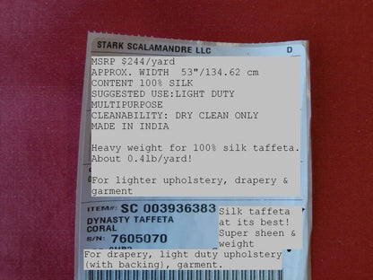 Scalamandre Dynasty Taffeta Coral 100% Silk Heavy MSRP USD 322/y