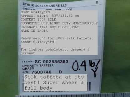 Scalamandre Dynasty Taffeta, Grass Green 100% Silk Heavy MSRP USD 322/y