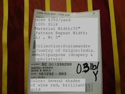 Scalamandre Napoli Stripe Wine &amp; Gold 100% Silk Taffeta MSRP USD 350/y