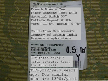 Scalamandre Namtu Silk Damask French Blue &amp; Tan Faille Medallion MSRP USD 300/Y