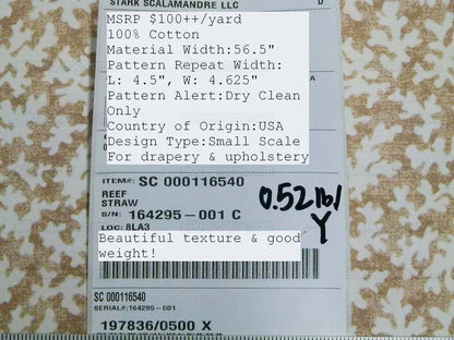 Scalamandre Reef Straw Tan 100% Cotton Print MSRP USD 100+/Y