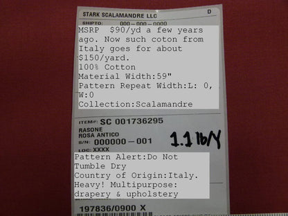 Scalamandre Old World Weavers Rasone Rosa Antico Red 100% Cotton Heavy MSRP USD 150/Y