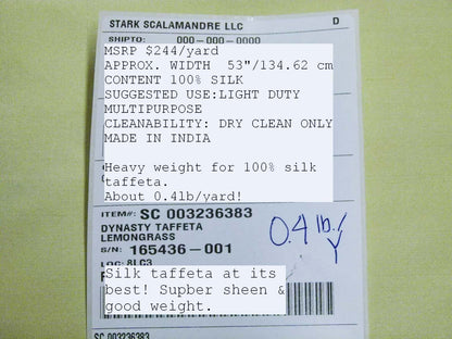 Scalamandre Dynasty Taffeta Lemongrass 100% Silk Heavy MSRP USD 322/y