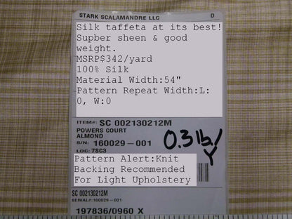 by yard Scalamandre Powers Court Almond Tan Silk Taffeta Strie MSRP USD 342/y