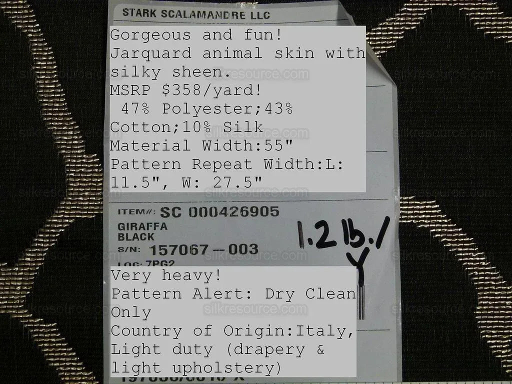 Scalamandre Giraffa Black Giraffe Animal Skin Heavy Silk Jacquard MSRP USD358/y