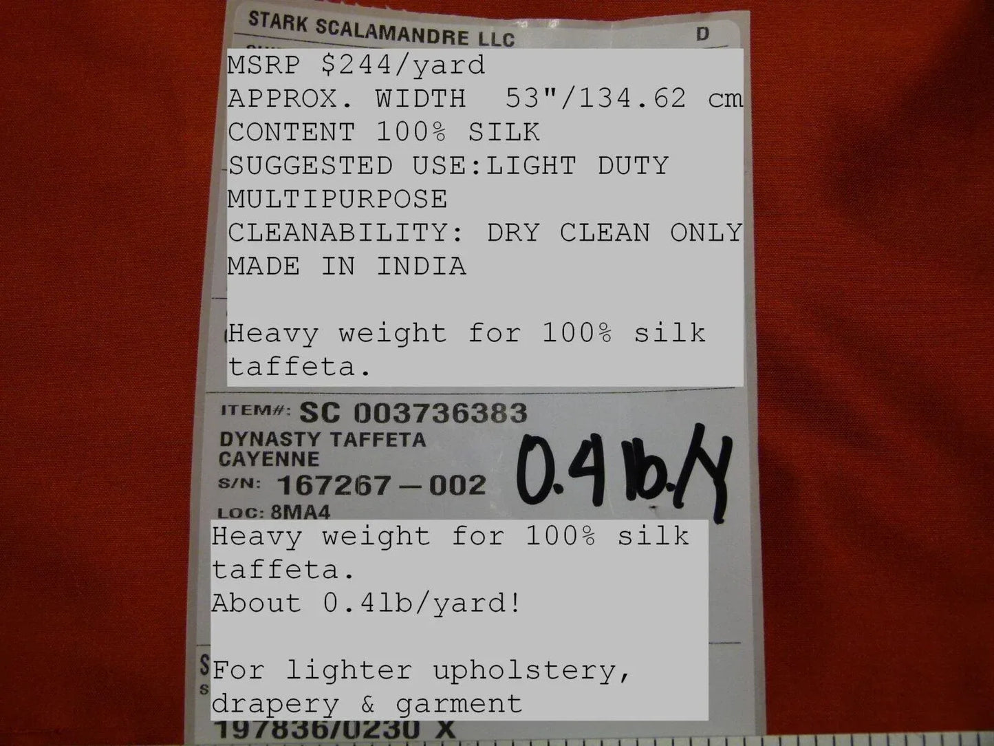 Scalamandre Dynasty Taffeta Cayenne 100% Silk Heavy MSRP USD 322/y