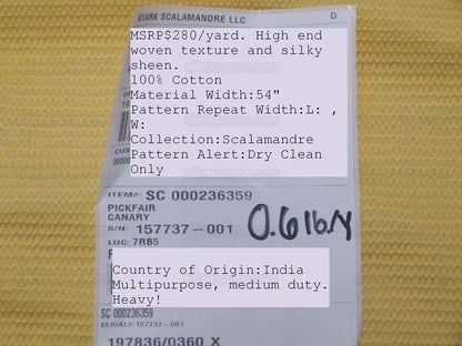 by yard Scalamandre Pickfair Canary Yellow Honeycomb 100% Cotton MSRP USD 280/Y