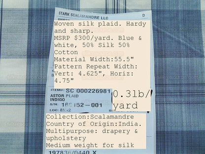 Scalamandre Astor Plaid Indigo Blue Cotton Silk MSRP USD 300/Y by yard