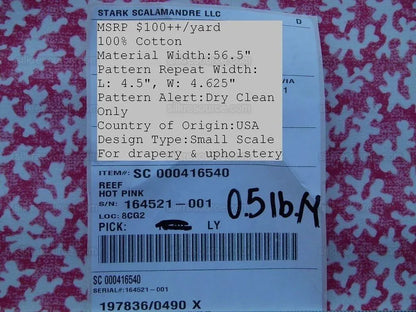 Reef Hot Pink From Scalamandre 100% Cotton Print MSRP USD 100+/Y