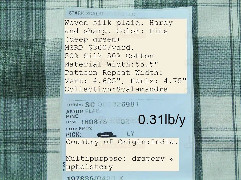 Scalamandre Astor Plaid Pine Deep Green Off White Cotton Silk MSRP USD 300/y by yard