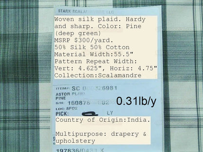 Scalamandre Astor Plaid Pine Deep Green Off White Cotton Silk MSRP USD 300/y by yard