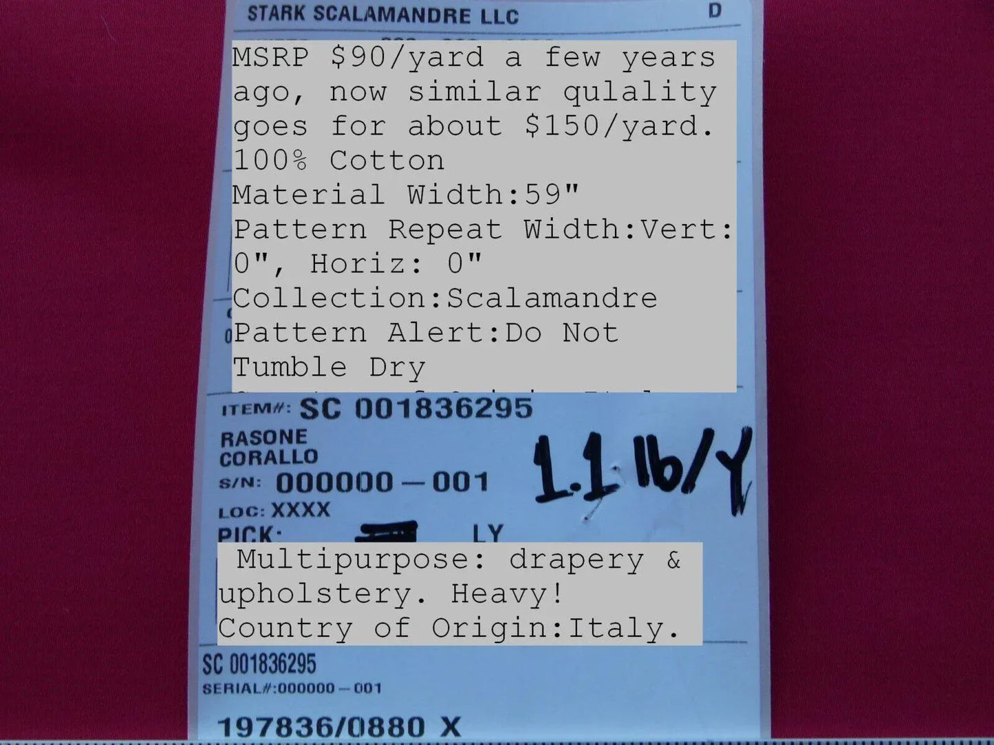 Scalamandre Old World Weavers Rasone Corallo Red Pink 100% Cotton Heavy MSRP USD 150/Y