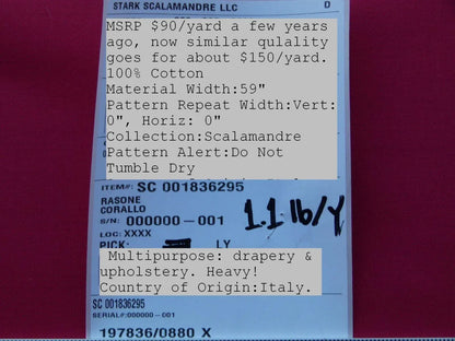 Scalamandre Old World Weavers Rasone Corallo Red Pink 100% Cotton Heavy MSRP USD 150/Y
