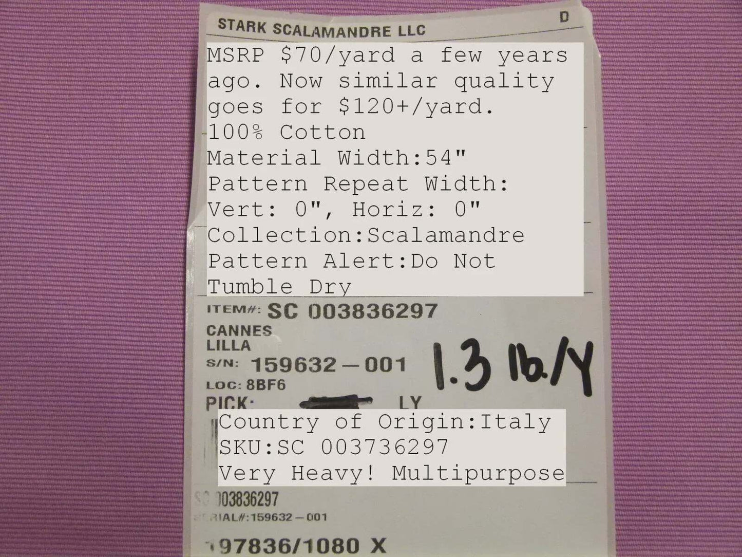 Scalamandre Cannes Lilla Lavender Cotton Italy MSRP USD 120/Y