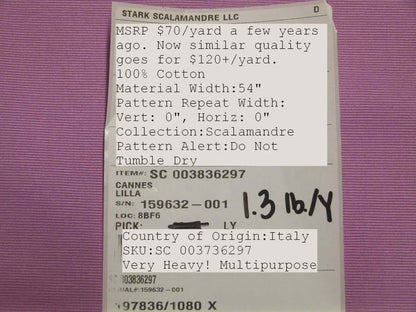 Scalamandre Cannes Lilla Lavender Cotton Italy MSRP USD 120/Y