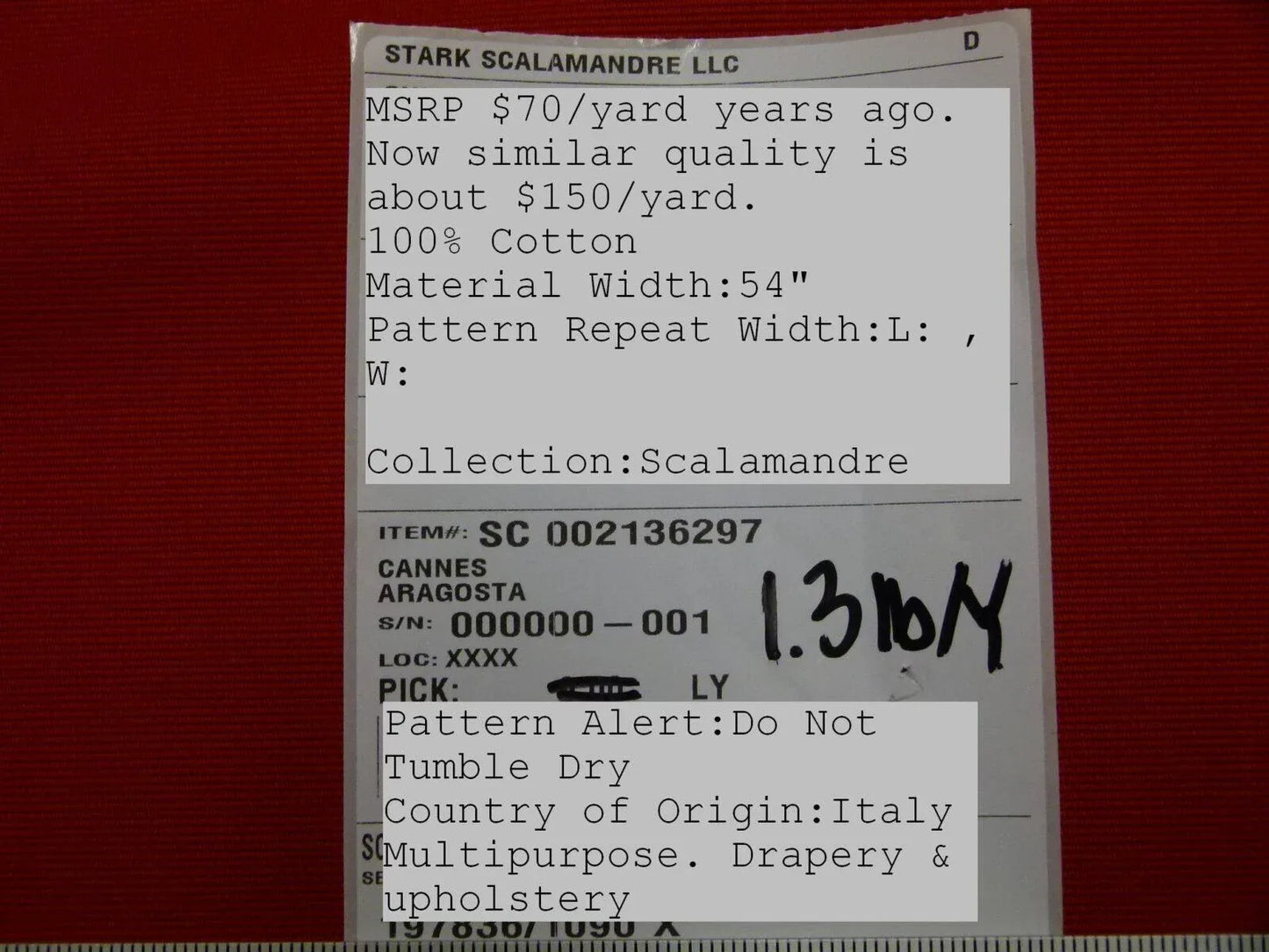 Scalamandre Cannes Aragosta Red Cotton Italy MSRP USD 120/Y