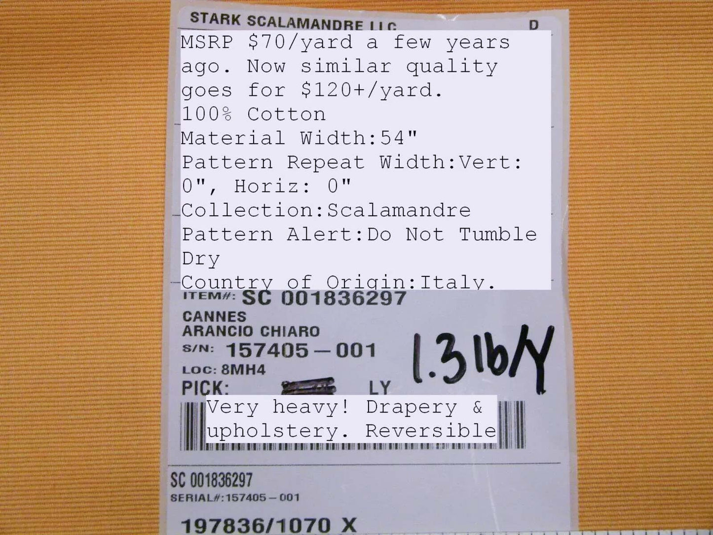 Scalamandre Cannes Arancio Chiaro Orange Cotton MSRP USD 120/Y