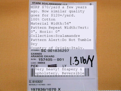 Scalamandre Cannes Arancio Chiaro Orange Cotton MSRP USD 120/Y