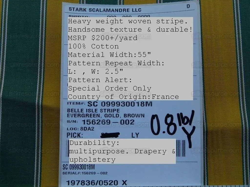 Belle Isle Stripe Evergreen Gold Brown Scalamandre Cotton Faille from France MSRP 200/y