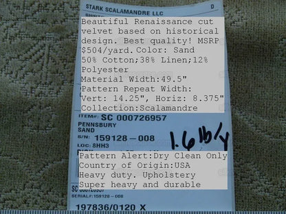 Scalamandre Pennsbury Cut Linen Velvet Renaissance Sand Brown Beige Msrp USD 504/y