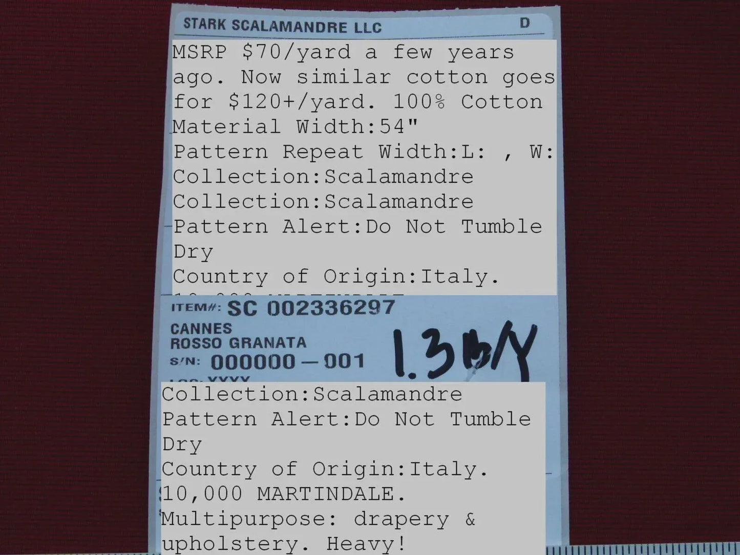 Scalamandre Cannes Rosso Granata Red Cotton Italy MSRP USD 120/Y
