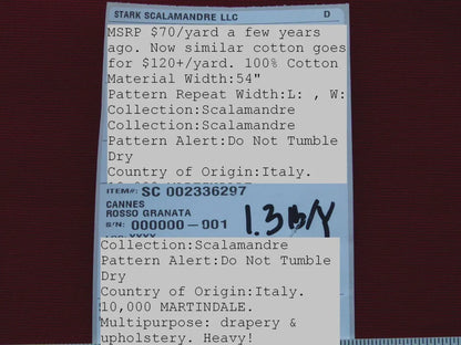 Scalamandre Cannes Rosso Granata Red Cotton Italy MSRP USD 120/Y