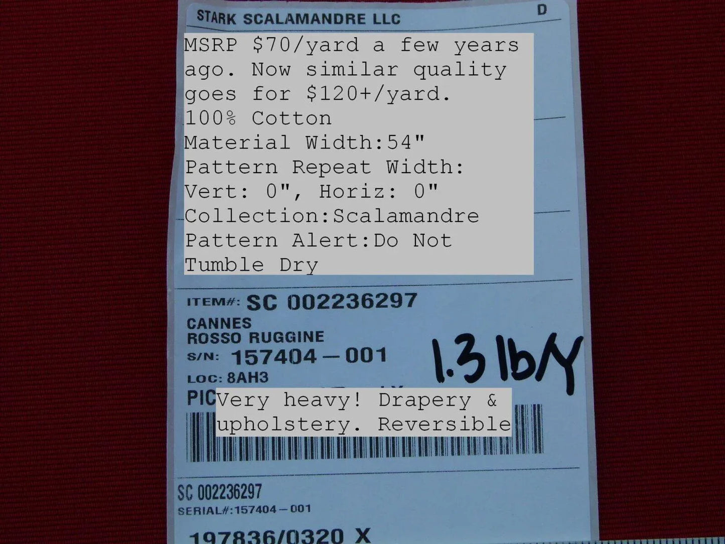 Scalamandre Cannes Rosso Ruggine Red Cotton Italy MSRP USD 120/Y