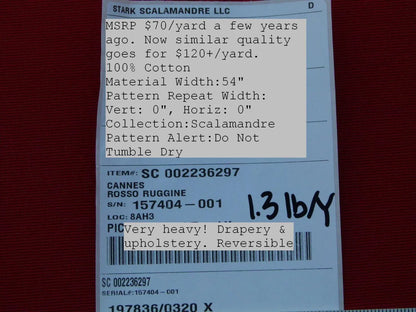 Scalamandre Cannes Rosso Ruggine Red Cotton Italy MSRP USD 120/Y