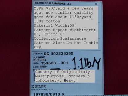 Scalamandre Old World Weavers Rasone Ruggine Rust Red 100% Cotton Heavy MSRP USD 150/Y