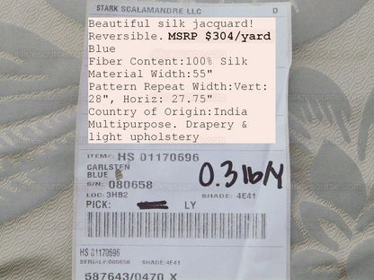 Old World Weavers 100% Silk Damask Carlsten Blue Aqua Arts & Crafts MSRP USD 278/Y