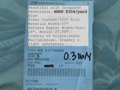 Old World Weavers 100% Silk Damask Carlsten Blue Aqua Arts &amp; Crafts MSRP USD 278/Y