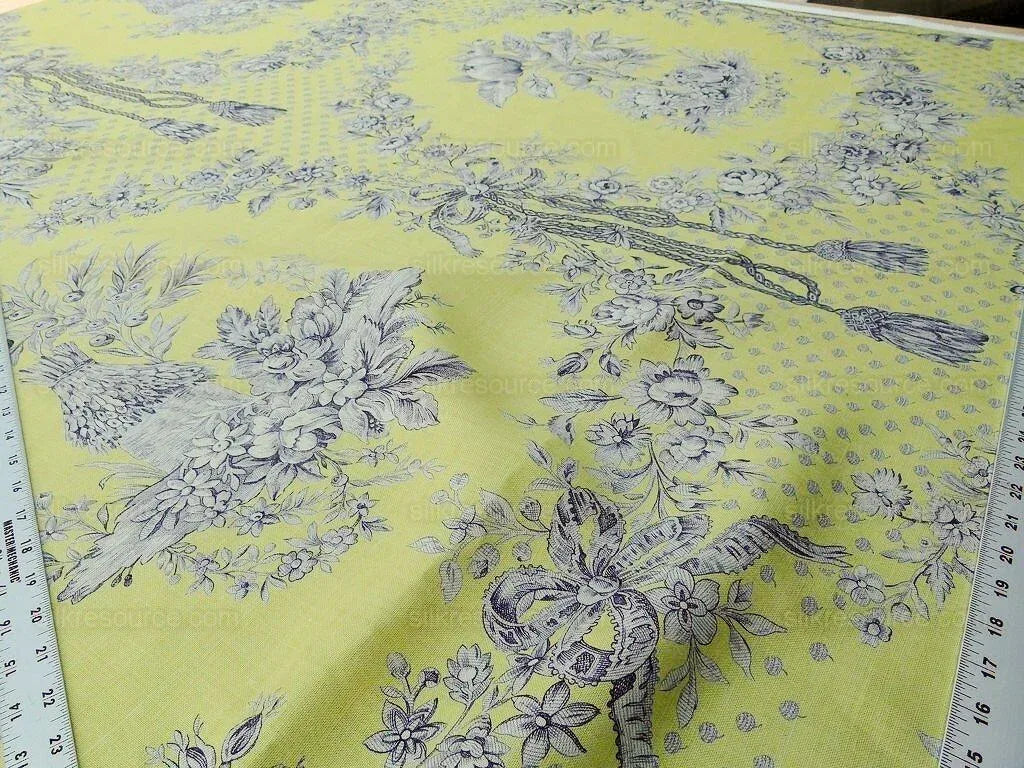 Tobago Hive Chartreuse Sapphire Scalamandre 100% Linen Tropical Apiculture Honey Beekeeping Tropical Flowers Ribbon TasselMSRP USD 280/Y