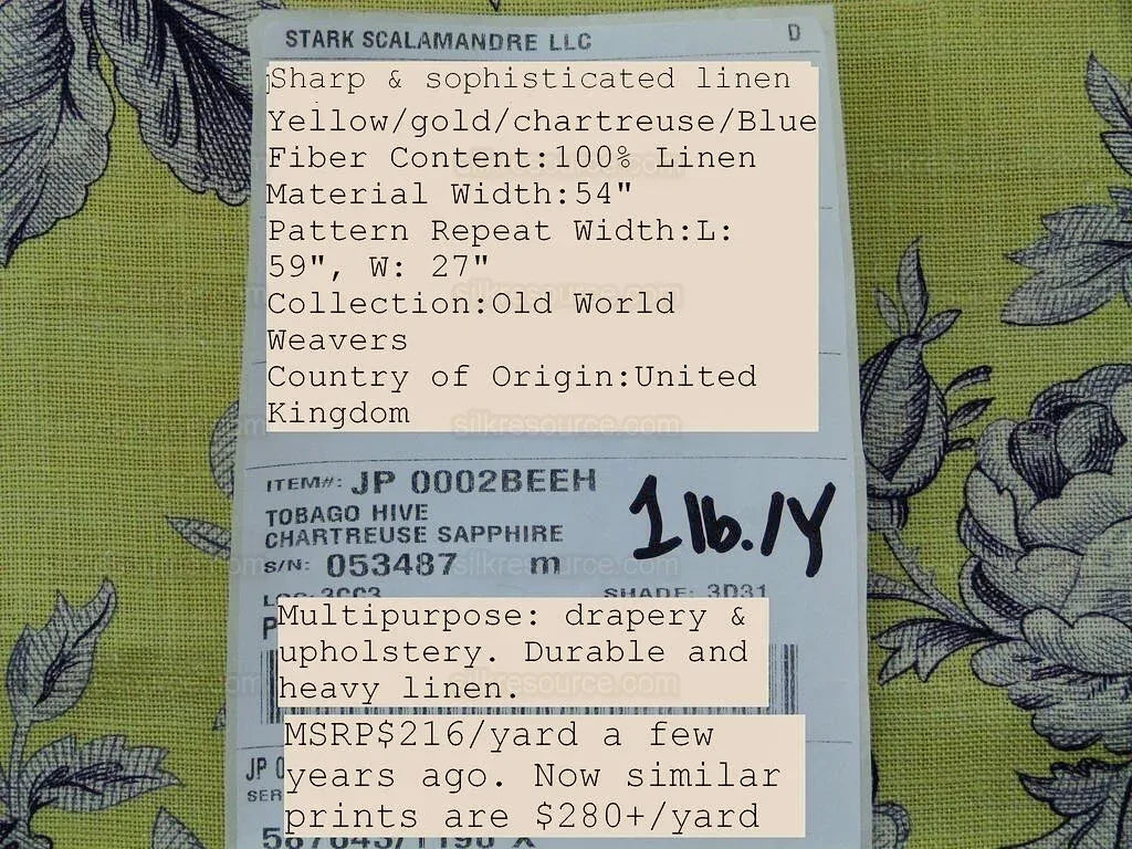 Tobago Hive Chartreuse Sapphire Scalamandre 100% Linen Tropical Apiculture Honey Beekeeping Tropical Flowers Ribbon TasselMSRP USD 280/Y