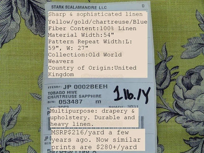 Tobago Hive Chartreuse Sapphire Scalamandre 100% Linen Tropical Apiculture Honey Beekeeping Tropical Flowers Ribbon TasselMSRP USD 280/Y