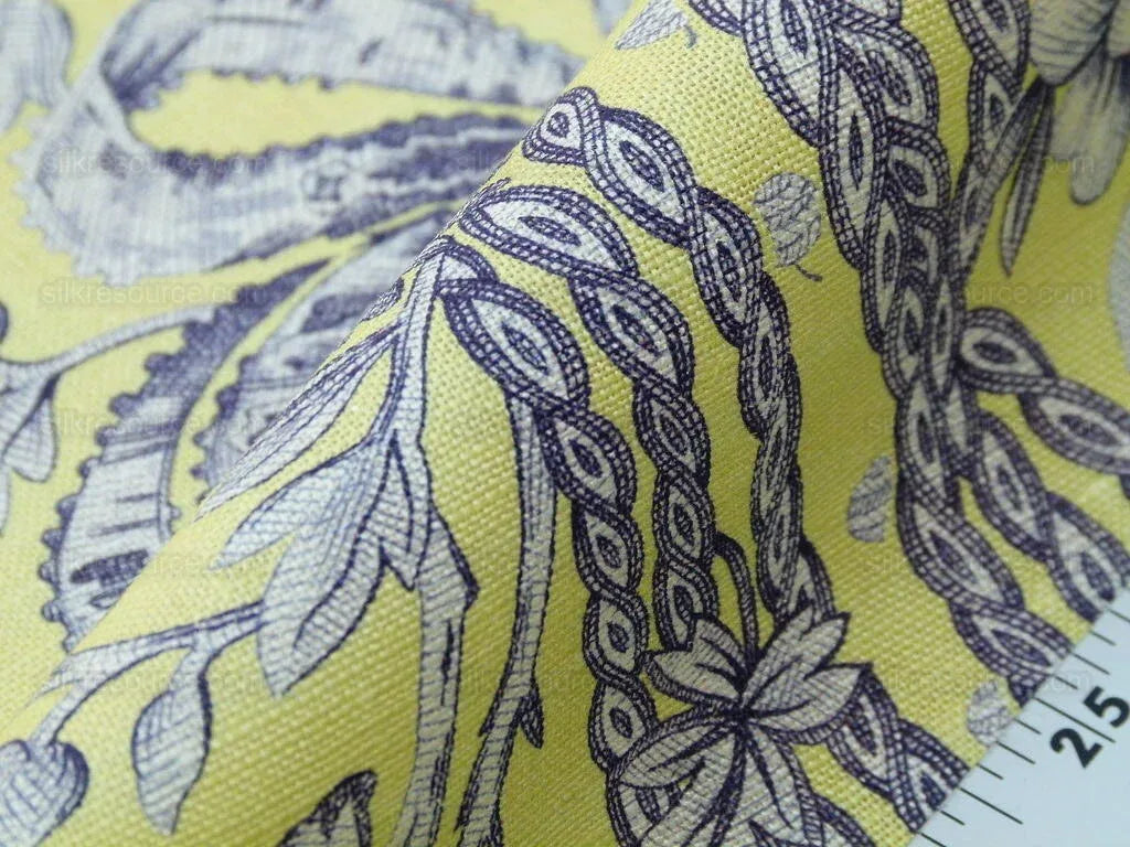 Tobago Hive Chartreuse Sapphire Scalamandre 100% Linen Tropical Apiculture Honey Beekeeping Tropical Flowers Ribbon TasselMSRP USD 280/Y