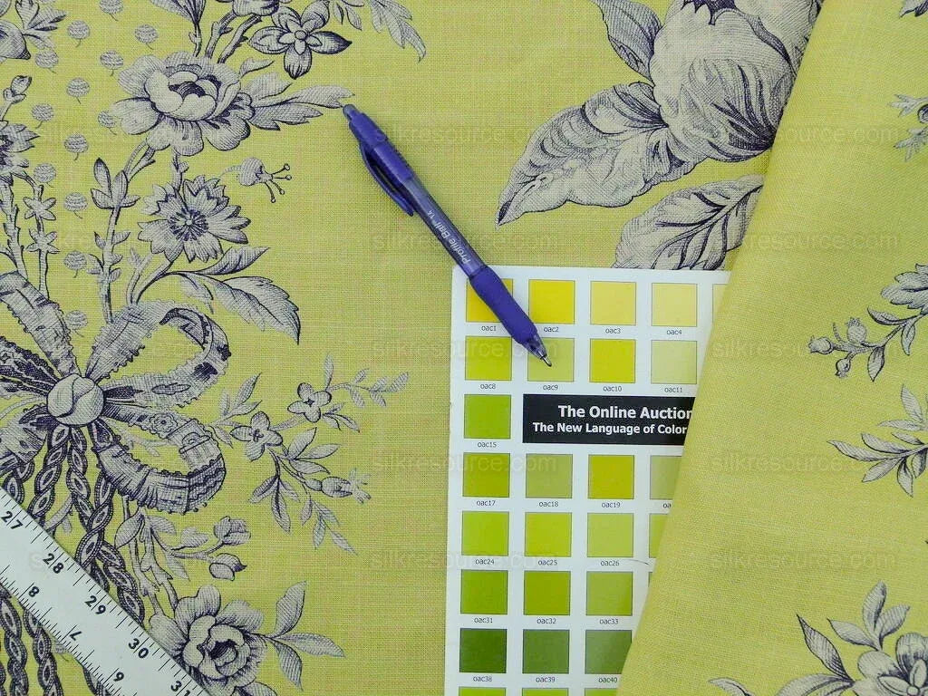 Tobago Hive Chartreuse Sapphire Scalamandre 100% Linen Tropical Apiculture Honey Beekeeping Tropical Flowers Ribbon TasselMSRP USD 280/Y