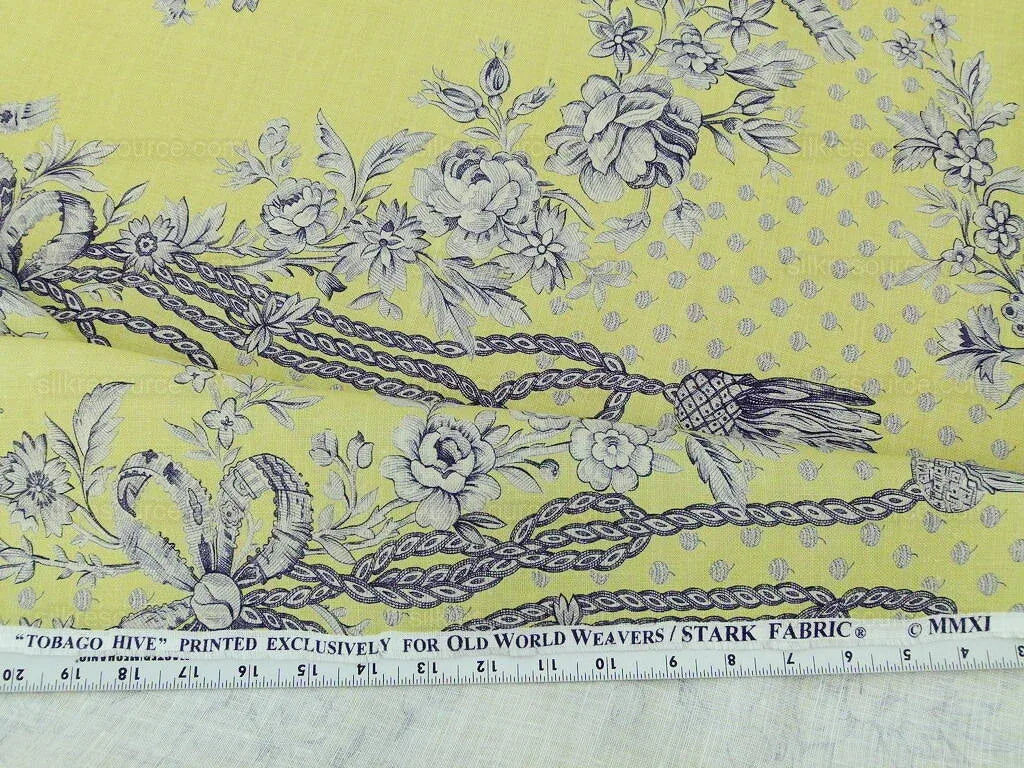 Tobago Hive Chartreuse Sapphire Scalamandre 100% Linen Tropical Apiculture Honey Beekeeping Tropical Flowers Ribbon TasselMSRP USD 280/Y