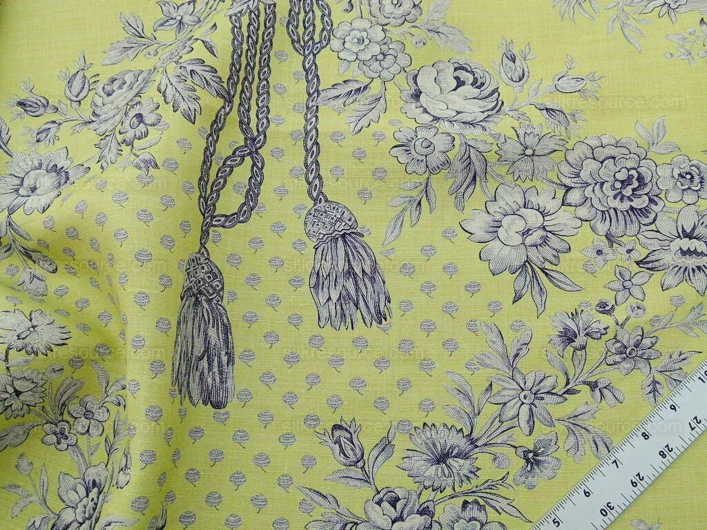 Tobago Hive Chartreuse Sapphire Scalamandre 100% Linen Tropical Apiculture Honey Beekeeping Tropical Flowers Ribbon TasselMSRP USD 280/Y