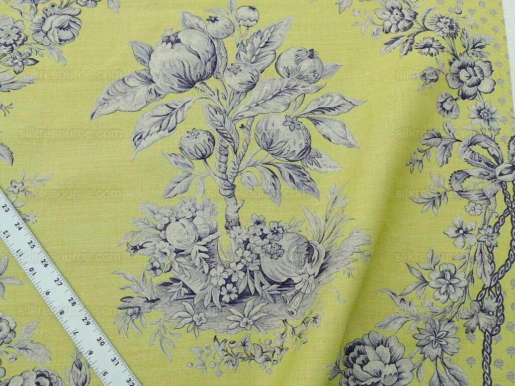 Tobago Hive Chartreuse Sapphire Scalamandre 100% Linen Tropical Apiculture Honey Beekeeping Tropical Flowers Ribbon TasselMSRP USD 280/Y