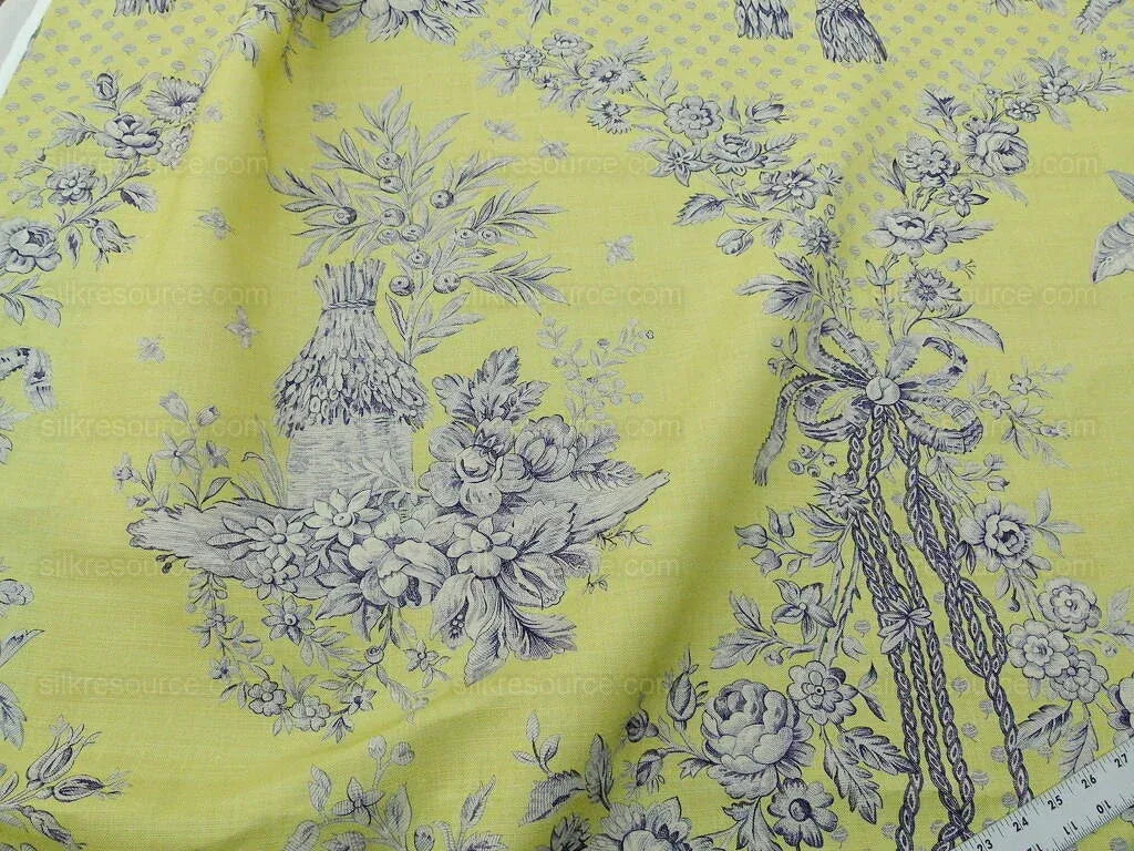 Tobago Hive Chartreuse Sapphire Scalamandre 100% Linen Tropical Apiculture Honey Beekeeping Tropical Flowers Ribbon TasselMSRP USD 280/Y