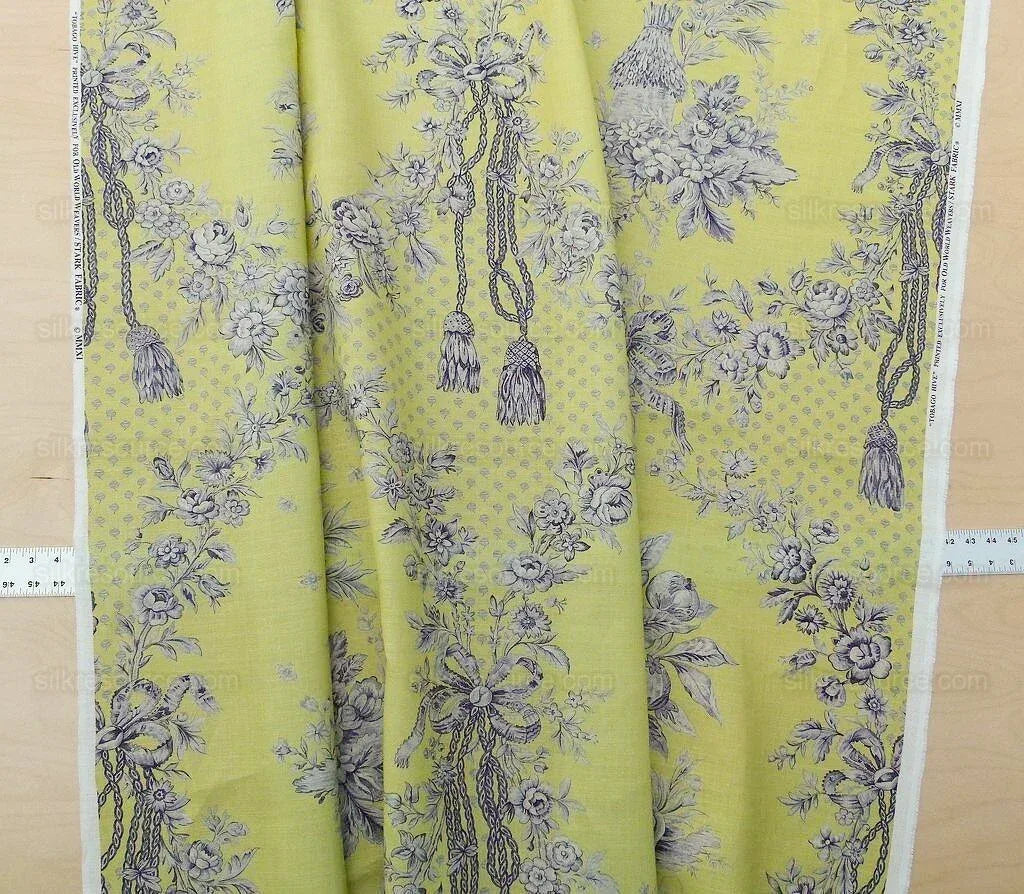 Tobago Hive Chartreuse Sapphire Scalamandre 100% Linen Tropical Apiculture Honey Beekeeping Tropical Flowers Ribbon TasselMSRP USD 280/Y