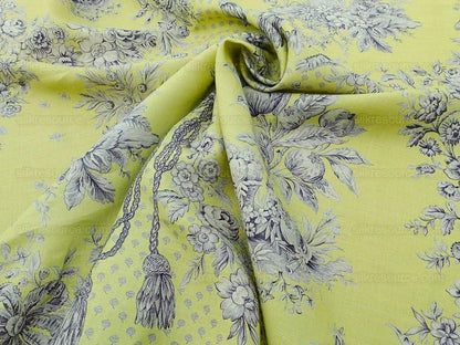 Tobago Hive Chartreuse Sapphire Scalamandre 100% Linen Tropical Apiculture Honey Beekeeping Tropical Flowers Ribbon TasselMSRP USD 280/Y