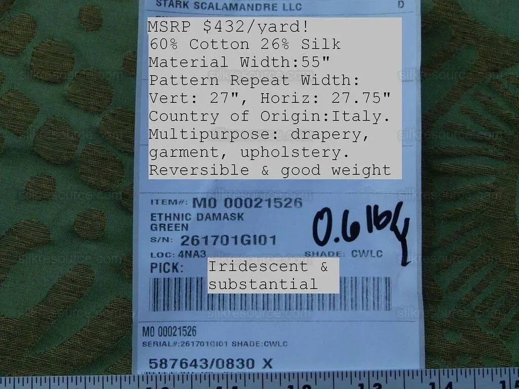 By yard Scalamandre Ethnic Damask Green  Cotton Silk Lampas African Abstract MSRP USD 432/Y