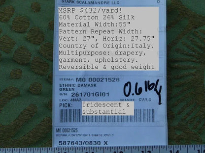 By yard Scalamandre Ethnic Damask Green  Cotton Silk Lampas African Abstract MSRP USD 432/Y