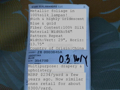 by yard Scalamandre Agostina Blue Foliage 100% Silk Lampas Monstera Leave MSRP USD 234/Y