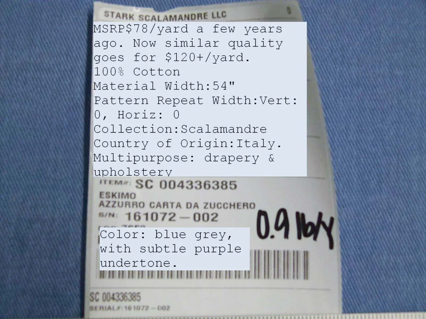 Scalamandre Eskimo Azzurro Carta Da Zucchero Blue Cotton Heavy Duty MSRP USD150/y bty